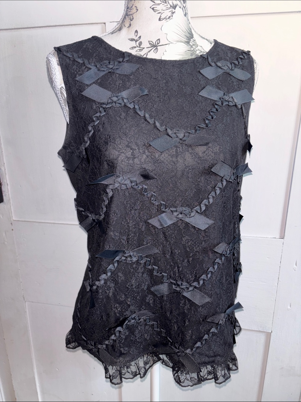 Ann Taylor Black Lace Sleeveless Top with Bow Trim